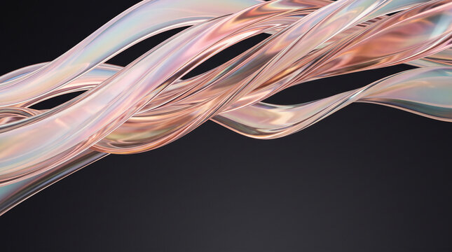 Close-up of flowing glass ribbons with metallic sheen and diagonal movement
