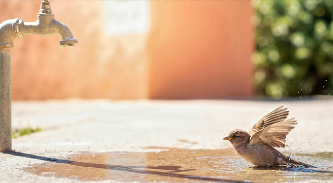 Brown and gray sparrow spreading wings and splashing in a water puddle. Small wild bird bathing and cooling off under bright sunlight near a terracotta wall during a summer heatwave