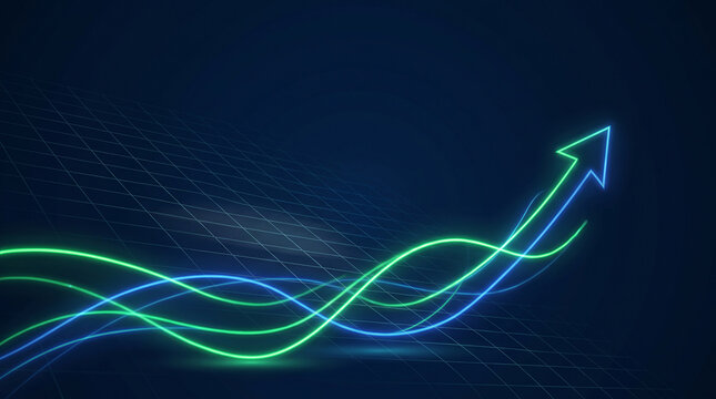Dynamic financial chart with green and blue lines showing upward trend