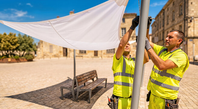 Workers installing a white fabric shade sail in a public square. Men in reflective vests setting up sun protection infrastructure during a summer heatwave