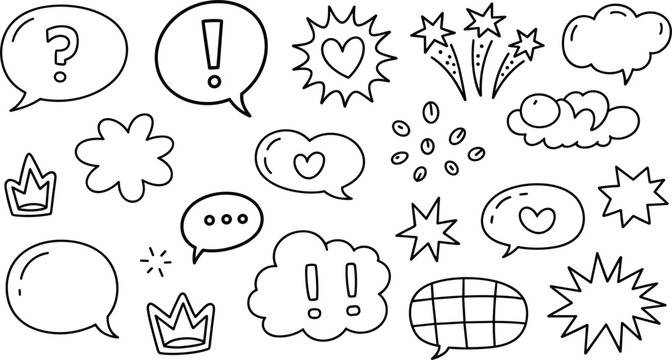 Doodle speech bubbles set with black outline comic text boxes hearts stars exclamation marks and crown design elements