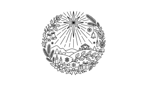 Merry Christmas Happy Star Sunday Black and White Line Art Vector with Bethlehem Star and Festive Holiday Decorations