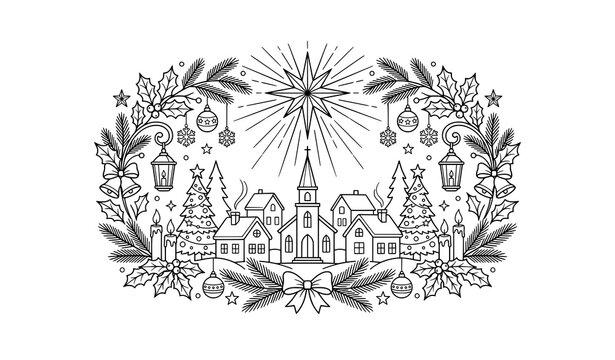 Bethlehem Star Merry Christmas Happy Star Sunday Black and White Vector Line Art with Winter Village