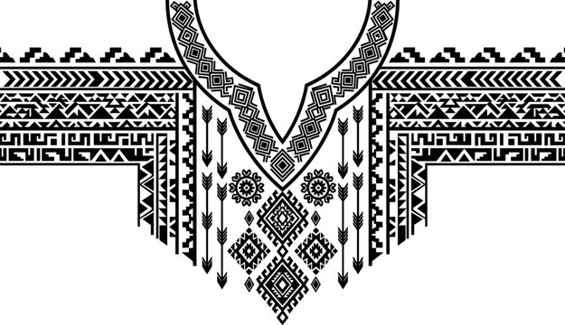 Traditional Ethnic Neckline Embroidery Pattern Vector Featuring Black Aztec Tribal Geometric Borders and Arrow Ornaments for Kaftan and T-shirt Prints