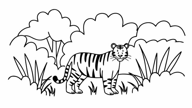 Black and white outline drawing of a tiger standing among lush foliage and forest trees with coloring wildlife predator illustration vegetation creature printable activity children monochrome