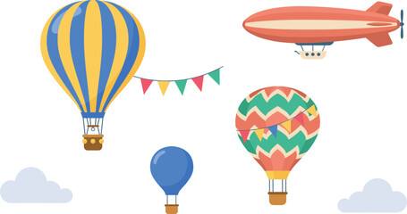 Flat Style Hot Air Balloon and Airship Icon Set with Colorful Bunting Garlands and Clouds for Festive Sky Travel Graphic Designs © MstRabeya