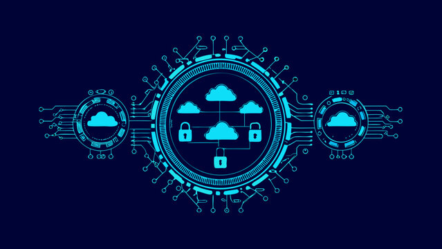 Circular Technology Design Featuring Clouds Padlocks And Circuitry A Vector Illustration On Dark Blue abstract circuitry
