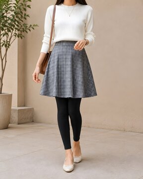 Faceless Woman Wearing Black Leggings with Blue A-Line Skirt in Casual Fashion Outfit