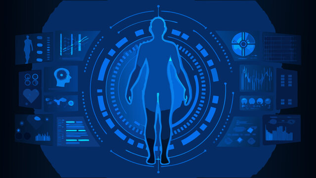 Human Body Silhouette With Digital Interface Elements A Futuristic Blue toned Illustration anatomy anthropometry form