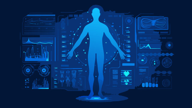 Human Body Silhouette Surrounded By Data Visualizations A Blue Vector Illustration On Dark Background anatomy