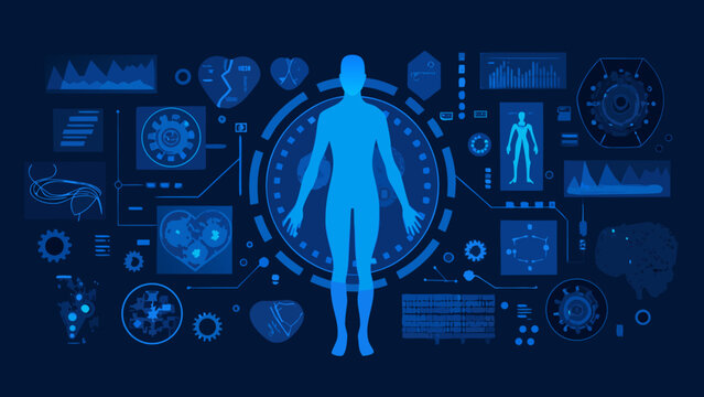 Human Body Silhouette With Medical Data Visualization A Dark Blue Vector Illustration anatomy anthropometry form