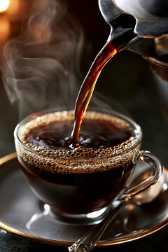Freshly brewed hot coffee poured into glass cup close-up