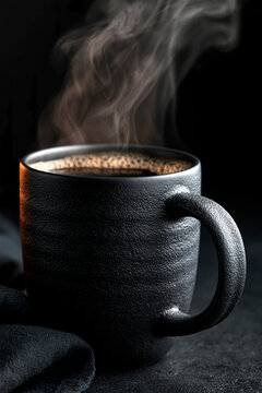 Steaming black coffee in ceramic mug on dark background