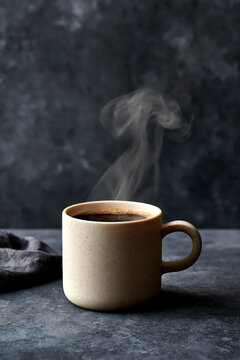 Steaming black coffee in ceramic mug on dark background
