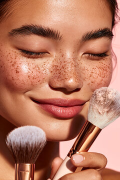 Close-up of smiling woman with natural makeup and freckles