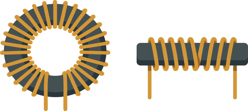 Toroidal and Solenoid Inductor Coil Vector Set Featuring Copper Wire Wound Around Magnetic Iron Ferrite Cores for Physics Education and Electronic Engineering Diagrams