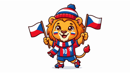 Fototapeta premium Cartoon Lion Mascot Holding Czech Republic Flags Football Fan