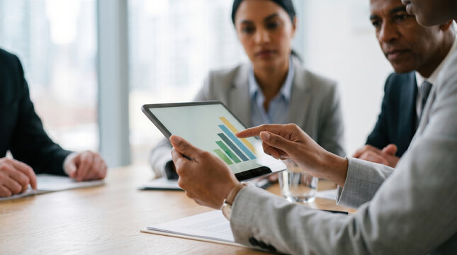 Business team meeting to review growth data on tablet