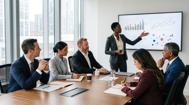 Diverse team meeting to review data and strategy in office