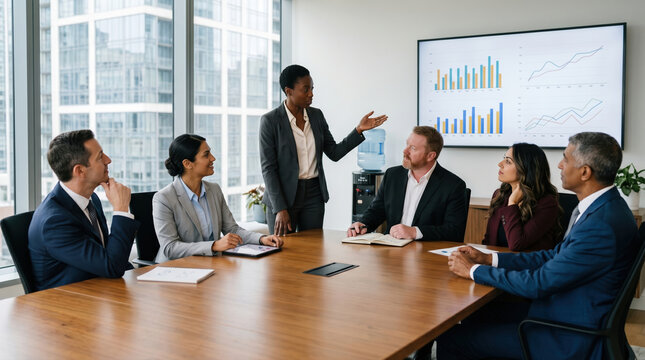 Diverse team meeting in modern office reviewing data charts