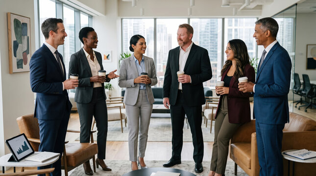 Diverse team meeting in modern office sharing coffee