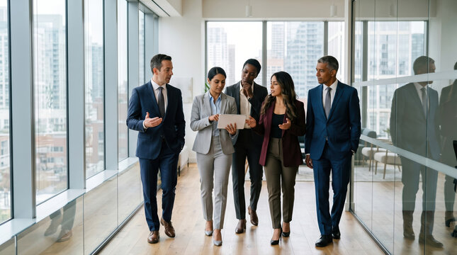 Business team walking in modern office hallway discussing