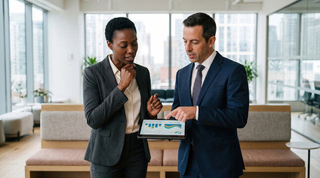 Business colleagues review tablet data in modern office