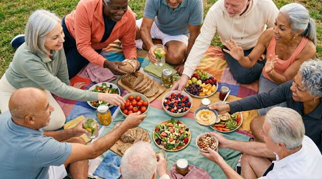 Senior friends sharing picnic food and laughter in park