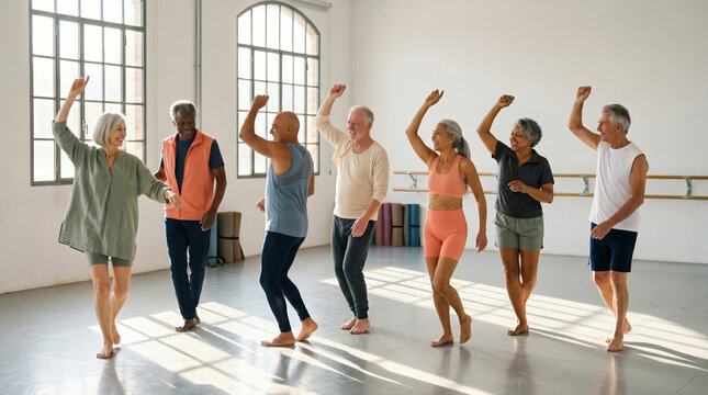 Active seniors dancing in bright studio fitness class