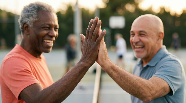 Friends celebrating tennis match with high five on court