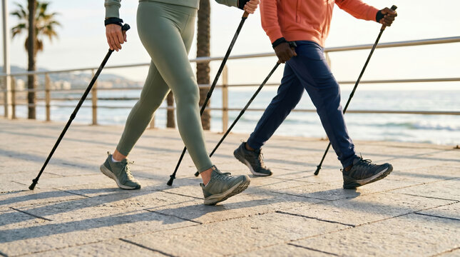 Senior friends walking with poles by sunny ocean beach