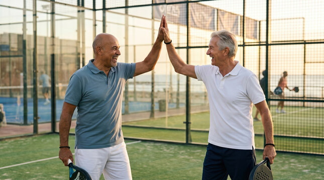 Friends celebrate padel win on beach court at sunset