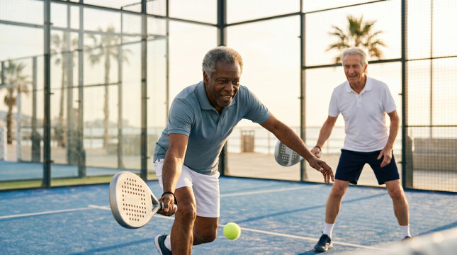 Active senior men play paddle tennis at a coastal court in the evening