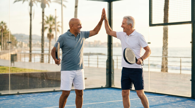 Senior friends play padel tennis by the beach in Spain