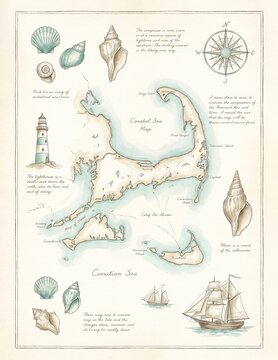 Watercolor old style coastal map featuring a compass, sailing ships, and ocean navigation elements
