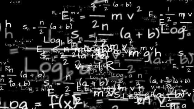 Math equations overlay stop motion seamless loop animation with random equation layouts on black background. 4K animated formula overlay for math background, education, science, and motion graphics.