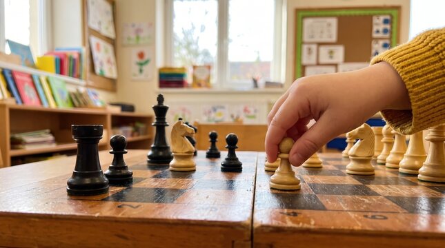Little kids playing chess at kindergarten or elementary school. Hand holds chess figure close up.