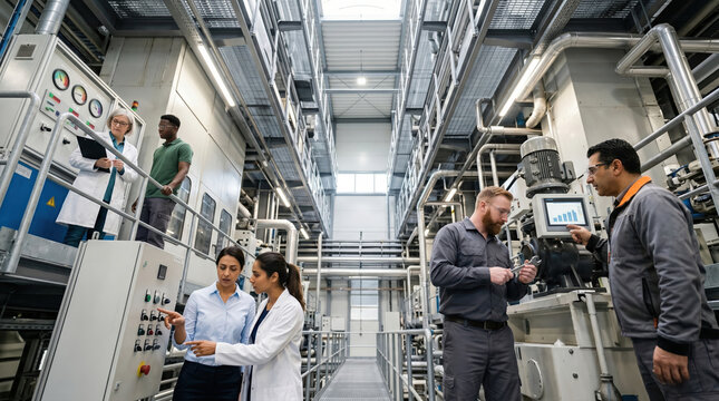 Diverse factory team monitor machines and discuss data