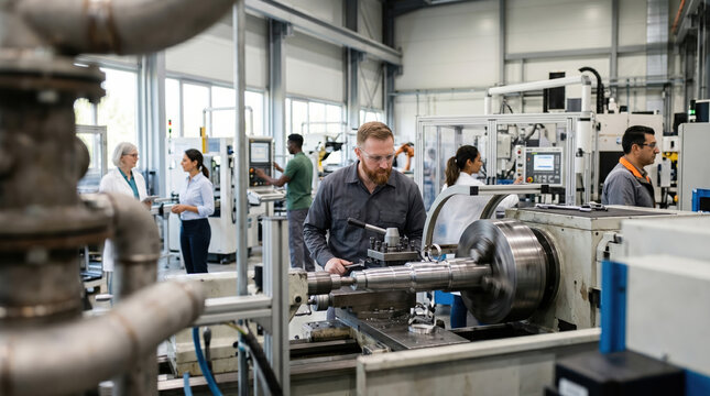 Engineers and workers operating precision machines in factory