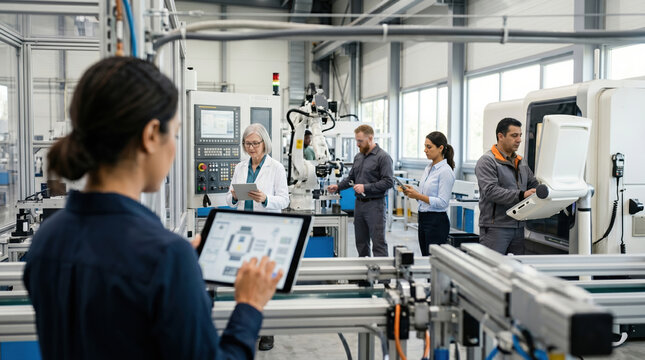 Engineers monitor smart machinery in modern factory daytime