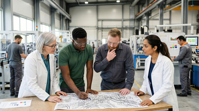 Diverse engineers review factory blueprints during shift
