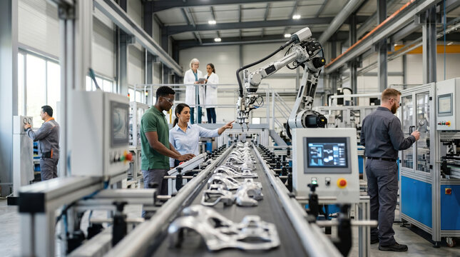 Factory workers and robots operating machinery on line