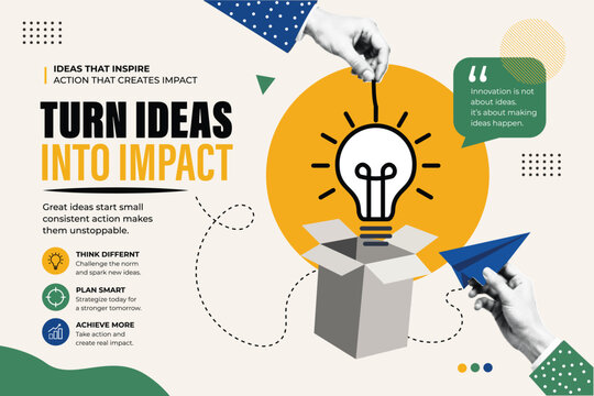 Halftone Pop Art Collage with Hands and Light Bulb Coming Out of a Box. Turn Ideas Into Impact, Think Different, and Plan Smart Business Concept. Retro Vintage Style Banner