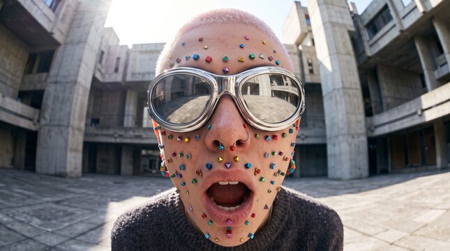 Person with Colorful Gems on Face Making Surprised Expression