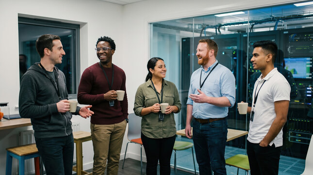 Engineer networking with coffee in a data center office