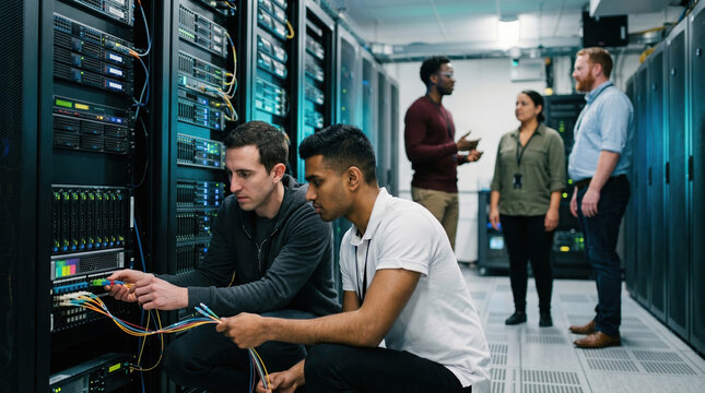 Engineers maintain data center servers and discuss networks