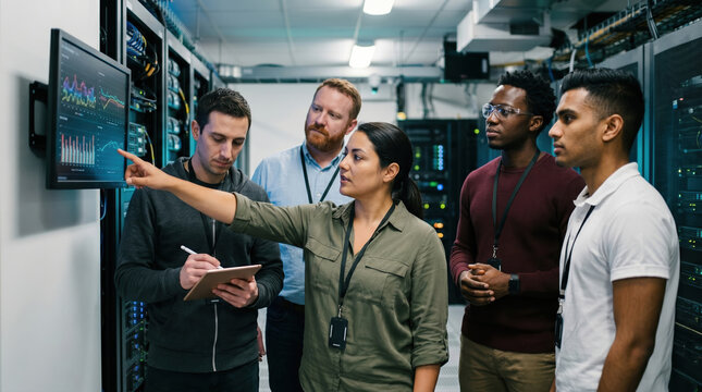 Team of engineers reviews data center performance metrics