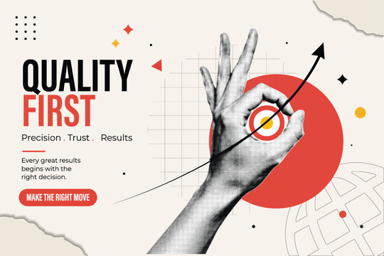 Halftone Pop Art Collage with Hand Holding Target. Quality First, Precision Trust and Results Business Concept. Make the Right Move. Retro Vintage Style Banner