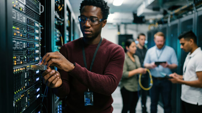 Engineer servicing data center rack with team in facility
