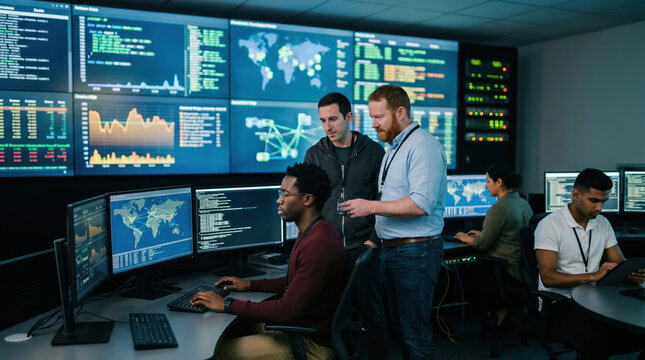 Engineer monitors data center systems as team studies screens
